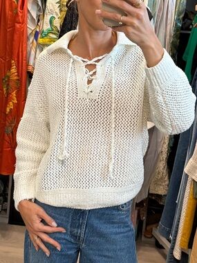Joie White Lace-Up V-Neck Sparkle Knit Sweater